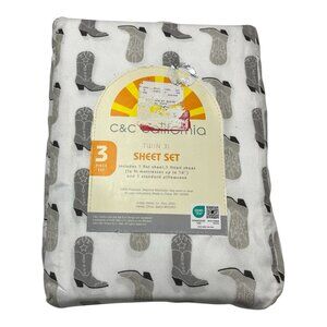 C&C California Twin XL Sheet Set White W Gray Cowboy Boots Western Cowgirl